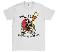 Fancy A Snuggle Time Flies When You're Having Rum Pirate Skull & Crossbones Jolly Roger Drinking Bottle of Rum Mens T-Shirt White Medium