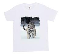 Fancy A Snuggle White Tiger Kids Boy Girl Cotton Short White Sleeve T-Shirt - Size 9-11 Years