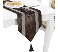 Fancy Brown Table Runner, Silver Sequin Rhinestone, Ombre Velvet,13"X72" | Dual Bling Diamante Stripes, Double-Layer, Gold-Accent Braided Tassels, for Dining Room Bedroom Dresser Coffee Table Desk