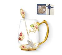 Fancy Coffee Mug ,Butterfly Daisy Clear Glass Flower Tea Cup with Spoon,Gift Box for Mom Her Wife Grandma Girls Friends Valentines Christmas Birthday Present Idea for Juice,Hot And Cold Drinks Use