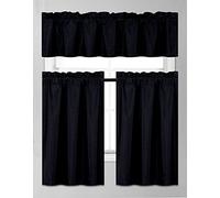 Fancy Collection 3 Piece Faux Silk Blackout Kitchen Curtain Set - Tier Curtains and Valance - Solid Black Window Drapes with Thermal Backing