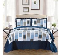 Fancy Collection 3pc Bedspread Bed Cover White Navy Squares King/California King Over size 118"x106"