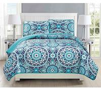 Fancy Collection 3pc King/California King Oversize Quilted Bedspread Coverlet Set Floral Turquoise Blue Gray Teal New