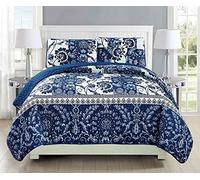 Fancy Collection 3pc Quilted Bedspread Set Coverlet Over Size New (Full/Queen, Navy Blue, White)