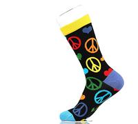 Fancy Colorful Cotton Comfy Novelty Funny Dress Socks Unisex, HAPPY-PUNNY Patterned, Peace and Love, Large