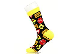 Fancy Colorful Cotton Comfy Novelty Funny Dress Socks Unisex, PROFESSIONS Patterned, Traffic Co-ord. Road Signs, Small
