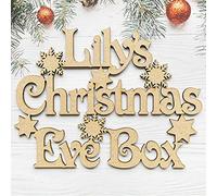 Fancy Crafts Personalised Christmas Eve Box Topper - ANY NAME CUSTOM Gift Box Decoration Craft Wall Door MDF Wood Xmas Gift, Brown, 170mm high (width depends on name)