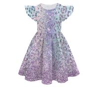 Fancy Dress Carnival Girls Summer Color 3D Digital Print Cute Personality Fashion Dress Fly Sleeve Dress(Purple,14-15 Years)