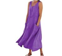 Fancy Dress for Women UK Party Elegant Casual Solid Color Sleeveless Cotton Linen Wide Strappy Long Dress Ladies Trendy Tunic Dresses Activewear Dresses for Vacation Cocktail Formal Work Purple