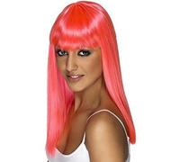 Smiffys Glamourama Wig, Neon Pink Long, Straight with Fringe, Ladies Glamour Wigs Fancy Dress, Adult Dress Up Wigs