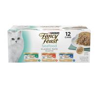 Fancy Feast Classic Seafood Feast Variety Pack 3 flavor (Cod, Sole and Shrimp, Savory Salmon, Ocean Whitefish & Tuna Feast) 3ounce - Cans In A Box (Pack of 12)