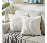 Fancy Homi 2-Pack Cream Corduroy Pom Pom Throw Pillow Covers, 18x18 Inch