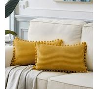 Fancy Homi 2 Pack Mustard Yellow Lumbar Decorative Throw Pillow Covers 12x20 Inch with Pom-poms for Living Room Couch Bedroom, Soft Corduroy Solid Cushion Case 30x50 cm, Rustic Farmhouse Home Decor