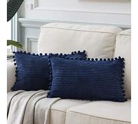Fancy Homi 2 Pack Navy Blue Lumbar Decorative Throw Pillow Covers 12x24 Inch with Pom-poms for Couch Bedroom Sofa, Farmhouse Boho Home Decor, Soft Corduroy Solid Rectangle Cushion Case 30x60 cm