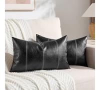 Fancy Homi 2 Packs Black Long Lumbar Faux Leather Decorative Throw Pillow Covers 14x24 Inch for Living Room Couch Bed Sofa, Boho Farmhouse Home Decor, Hand Stitched Rectangle Cushion Case 35x60 cm