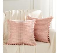 Fancy Homi 2 Packs Blush Pink Decorative Throw Pillow Covers 18x18 Inch with Pom-poms for Couch Bed Living Room, Farmhouse Boho Home Decor, Soft Corduroy Cute Square Cushion Case 45x45 cm