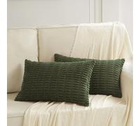 Fancy Homi 2 Packs Boho Olive Green Decorative Throw Pillow Covers 12x24 Inch for Couch Bed Sofa, Rustic Modern Farmhouse Home Decor, Soft Plush Corduroy Cute Square Cushion Case 30x60 cm