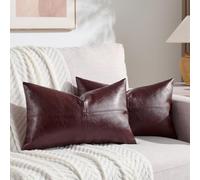 Fancy Homi 2 Packs Burgundy Boho Lumbar Faux Leather Decorative Throw Pillow Covers 12x20 Inch for Couch Bed Sofa, Cross Patchwork Textured Rectangle Cushion Case, Rustic Modern Farmhouse Home Decor