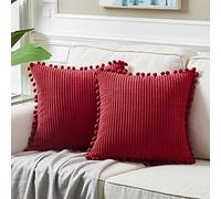 Fancy Homi 2 Packs Burgundy Decorative Throw Pillow Covers 16x16 Inch with Pom poms, Christmas Home Decor, Soft Corduroy Accent Square Cushion Case for Living Room Couch Bed Sofa 40x40 cm