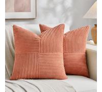 Fancy Homi 2 Packs Coral Decorative Throw Pillow Covers 18x18 Inch for Living Room Couch Bed, Rustic Farmhouse Boho Home Decor, Soft Corss Corduroy Patchwork Textured Peach Cushion Case 45x45 cm