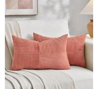 Fancy Homi 2 Packs Coral Red, Long Lumbar Cushion Covers, Decorative Cushion Covers for Couch, Bed, Sofa, Rustic Farmhouse, Boho Home Decor, Soft Striped Cord, Rectangle Accent, Peach