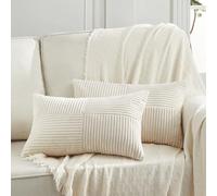 Fancy Homi 2 Packs Cream Lumbar Decorative Throw Pillow Covers 20x28 Inch for Living Room Couch Bed Sofa, Rustic Farmhouse Boho Home Decor, Soft Striped Corduroy Rectangle Accent Cushion Case 50x70 cm