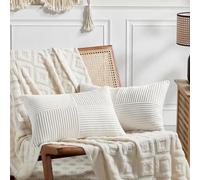 Fancy Homi 2 Packs Cream White Lumbar Decorative Throw Pillow Covers 14x24 Inch for Couch Bed Sofa, Rustic Farmhouse Boho Home Decor, Soft Striped Corduroy Rectangle Accent Cushion Case 35x60 cm