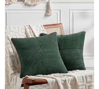 Fancy Homi 2 Packs Dark Green Decorative Cushion Cover for Bedroom Couch Bed Farm Boho Home Decoration Forest Green Soft Cord Corss Patchwork Textured Cushion Cover 60 x 60 cm