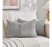 Fancy Homi 2 Packs Grey Lumbar Decorative Throw Pillow Covers 12x20 Inch for Living Room Couch Bed Sofa, Rustic Farmhouse Boho Home Decor, Soft Striped Corduroy Rectangle Accent Cushion Case 30x50 cm