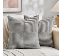 Fancy Homi 2 Packs Grey Samll Decorative Throw Pillow Covers 12x12 Inch with for Living Room Couch Bed, Rustic Farmhouse Boho Home Decor, Soft Corss Patchwork Corduroy Square Cushion Case 30x30 cm