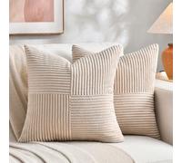 Fancy Homi 2 Packs Light Brown Decorative Cushion Cover for Living Room Couch Bed Sofa Farm Boho Home Decoration Soft Corduroy Corss Patchwork Textured Square Beige Cushion Cover 40 x 40 cm