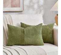 Fancy Homi 2 Packs Moss Green Lumbar Decorative Throw Pillow Covers 14x24 Inch for Couch Bed, Rustic Farmhouse Boho Home Decor, Soft Striped Corduroy Rectangle Accent Cushion Case 35x60 cm