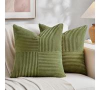 Fancy Homi 2 Packs Moss Green Samll Decorative Throw Pillow Covers 12x12 Inch with for Couch Bed Sofa, Rustic Farmhouse Boho Home Decor, Soft Corss Patchwork Corduroy Square Cushion Case 30x30 cm