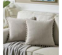Fancy Homi 2 Packs Neutral Taupe Decorative Throw Pillow Covers 18x18 Inch with Pom-poms for Couch Bed Sofa, Aesthetic Modern Organic Farmhouse Boho Home Decor, Soft Corduroy Cute Accent Cushion Case