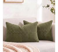 Fancy Homi 2 Packs Olive Green Lumbar Decorative Throw Pillow Covers 14x22 Inch for Living Room Couch Bed, Farmhouse Boho Home Decor, Soft Striped Corduroy Rectangle Accent Cushion Case 35x55 cm