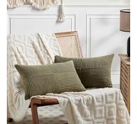 Fancy Homi 2 Packs Olive Green Lumbar Pillow Covers Decorative Pillow Covers for Living Room Couch Bed Farmhouse Boho Home Decor Soft Striped Rectangle Corduroy Accent Cushion Cover 30x50cm