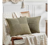 Fancy Homi 2 Packs Olive Green Samll Decorative Throw Pillow Covers 12x12 Inch with for Couch Bed Sofa, Rustic Farmhouse Boho Home Decor, Soft Corss Patchwork Corduroy Square Cushion Case 30x30 cm