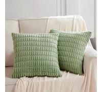Fancy Homi 2 Packs Sage Green Decorative Throw Pillow Covers 18x18 Inch for Living Room Couch Bed Sofa, Soft Striped Corduroy Square Cushion Case 45x45 cm, Rustic Farmhouse Boho Home Decor
