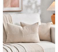 Fancy Homi 2 Packs Tan Long Lumbar Decorative Throw Pillow Covers 12x24 Inch for Couch Bed Sofa, Rustic Farmhouse Boho Home Decor, Soft Striped Corduroy Rectangle Accent Beige Cushion Case 30x60 cm