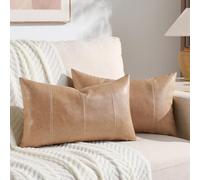 Fancy Homi 2 Packs Tan Long Lumbar Faux Leather Decorative Throw Pillow Covers 16x24 Inch for Outdoor Couch Bed, Beige Hand Stitched Cushion Case 40x60 cm, Taupe Modern Farmhouse Home Decor