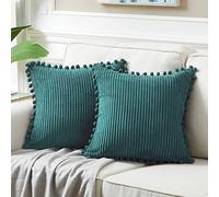 Fancy Homi 2 Packs Teal Decorative Throw Pillow Covers 16x16 Inch with Pom-poms for Living Room Couch Bedroom, Soft Corduroy Solid Square Cushion Case 40x40 cm, Rustic Farmhouse Home Decor