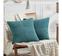 Fancy Homi 2 Packs Teal Decorative Throw Pillow Covers 22x22 Inch for Living Room Couch Bed Sofa, Rustic Farmhouse Boho Home Decor, Soft Corss Corduroy Patchwork Accent Square Cushion Case 55x55 cm