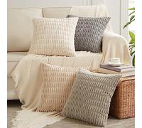 Fancy Homi 4 Packs Neutral Small Decorative Throw Pillow Covers 14x14 Inch for Living Room Couch Bed Sofa, Rustic Farmhouse Boho Home Decor, Soft Plush Striped Corduroy Square Cushion Case 35x35 cm
