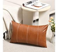Fancy Homi Brown Boho Long Lumbar Faux Leather Decorative Throw Pillow Covers 14x20 Inch for Living Room Couch Bed Sofa, Hand Stitched Rectangle Cushion Case, Rustic Modern Farmhouse Home Decor