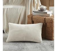 Fancy Homi Cream Lumbar Decorative Throw Pillow Covers 22x14 Inch for Living Room Couch Bed Sofa, Rustic Farmhouse Boho Home Decor, Soft Striped Corduroy Rectangle Accent Cushion Case 35x55 cm