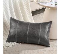 Fancy Homi Dark Gray Lumbar Waterproof Faux Leather Decorative Throw Pillow Covers 12x20 Inch for Outdoor Couch Bed, Modern Farmhouse Boho Home Decor, Grey Hand Stitched Cushion Case 30x50 cm