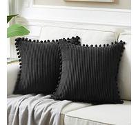 Fancy Homi Pack of 2 Black Decorative Throw Pillow Covers with Pom-poms, Soft Corduroy Solid Square Cushion Cases Set for Couch Sofa Bedroom Car Living Room (18x18 Inch/45x45 cm, Black)
