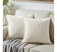 Fancy Homi Pack of 2 Boho Decorative Throw Pillow Covers with Pom-poms, Soft Corduroy Accent Solid Square Cushion Case Set for Couch Sofa Bedroom Car Living Room (16x16 Inch/40x40 cm, Cream)