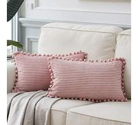 Fancy Homi Pack of 2 Boho Rectangle Decorative Throw Pillow Covers with Pom-poms, Soft Corduroy Accent Solid Cushion Case Set for Couch Sofa Bedroom Car Living Room (12x20 Inch/30x50 cm, Blush Pink)