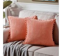 Fancy Homi Pack of 2 Coral Decorative Throw Pillow Covers 16x16 Inch with Pom-poms for Living Room Couch Bedroom, Soft Corduroy Peach Solid Square Cushion Case 40x40 cm, Rustic Farmhouse Home Decor